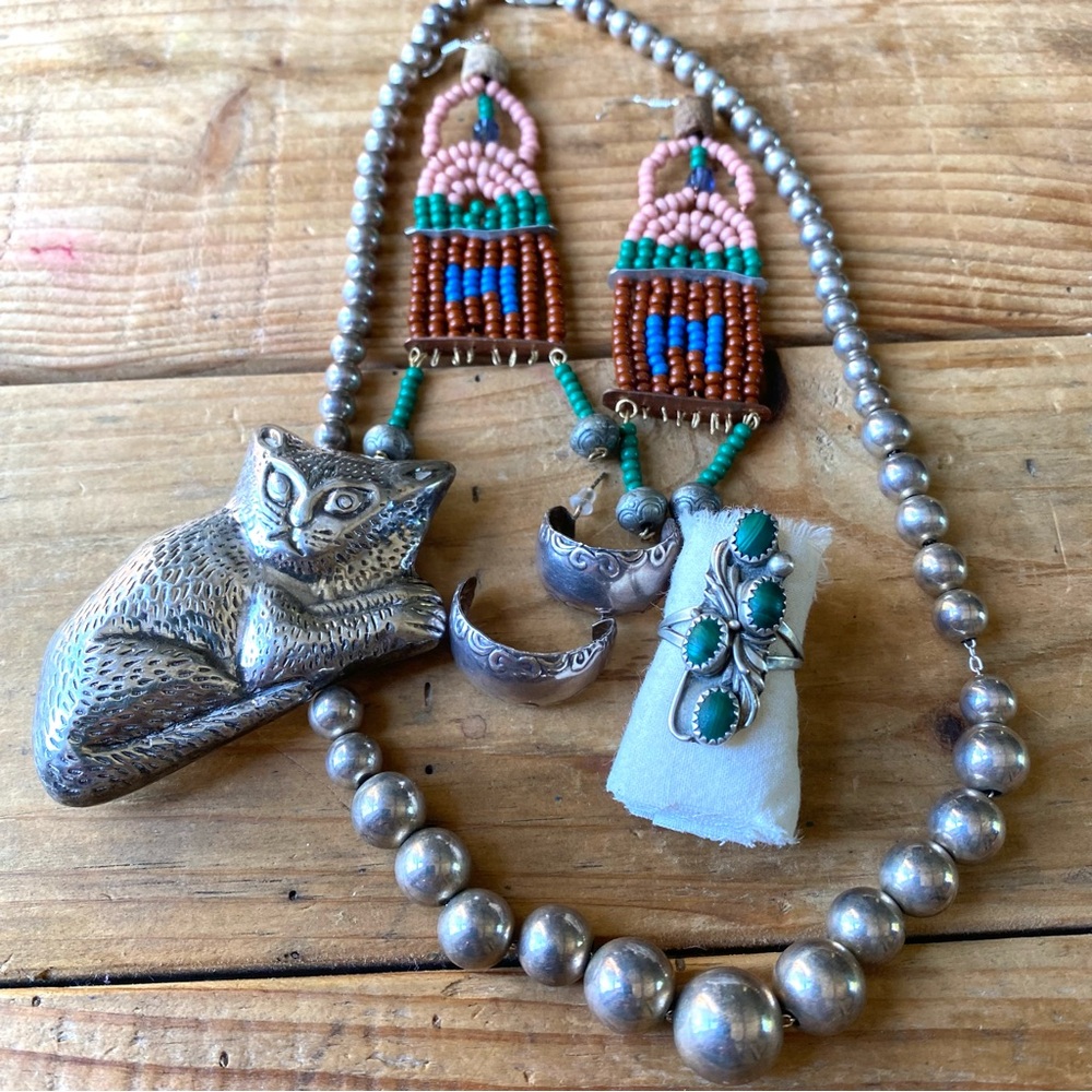 Sterling Silver 925 Lot (5)  Earrings Ring Necklace Vintage Turquoise Boho Cat